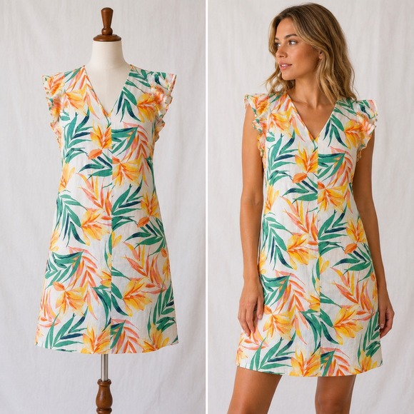 Nicole Miller Dresses & Skirts - Nicole Miller Linen Tropical Floral Shift Dress S‎ White Yellow Flutter Sleeve